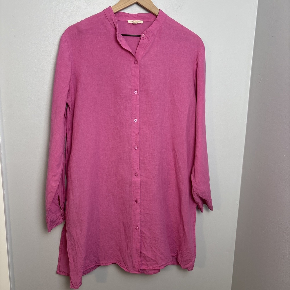 Eileen Fisher Women's Small‎ Mandarin Collar Handkerchief Linen Long Shirt Pink
